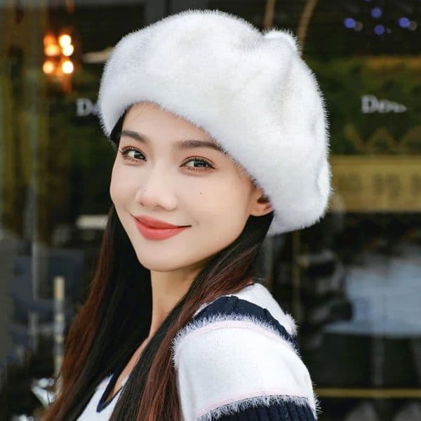 Winter Warmer Plush Berets Mink Fur Hat Thicken French Style Warm Furry Artist Painter Hat Women Girls Cap Xmas Gift 241030