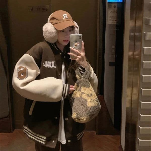 Y2k Varsity Bomber Jacket Women Red Brown Korean Fashion Winter Coat Vintage Baseball Jackets Hip Hop Streetwear Outerwear 241010