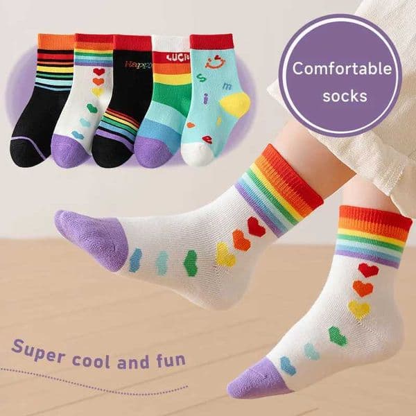 5 pairs of childrens socks in spring and summer cylindrical solid color paradigm seasonal casual rainbow pattern W241030