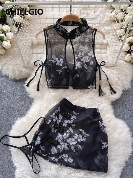 CHILLGIO Women Floral Print Skirt Suits Sexy Fashion Sleeveless Tank Tops Split Skirt Vintage Cheongsam Transparent Pajamas Sets 241031
