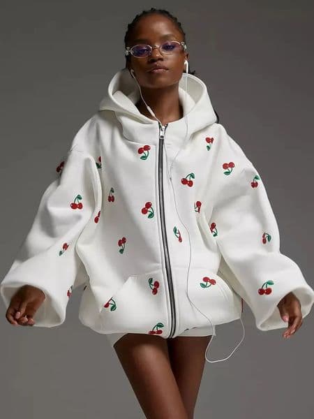 GACVGA Cherry Print Thick Women Hooded Sweatshirt Autumn Loose Tops Coat With Pocket Zipper Outerwear Females Sweatshirts 241031