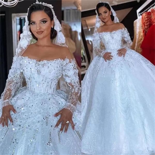 Dresses Wedding White Bridal Gowns A E O Neck Long Sleeve Sequins Applique Beaded Zipper New Custom Plus Size Lace Up Ivory Illusion Sequined pplique