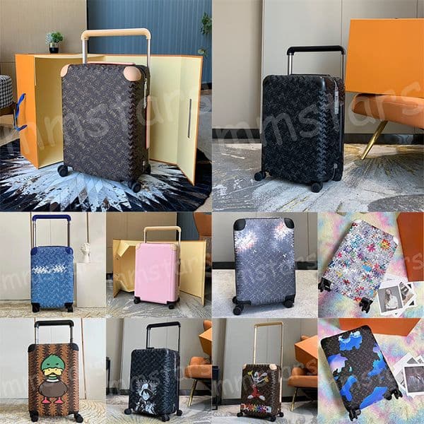 Horizon 55 Luggage Hard Sided Bag Coated Canvas Leather Ttim Designer Aluminum Hardware Travel Box Pull Zipper Closure Trunk Bag 4 Compact Wheels Suitcase Men Women