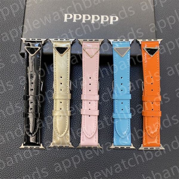 Designer Apple Watch Band Strap for apple watch bands ultra series 8 3 4 5 6 7 iwatch Bands 38mm 42mm 44mm 49mm Luxury Bright Leather Metal Triangle P ap Smart Straps