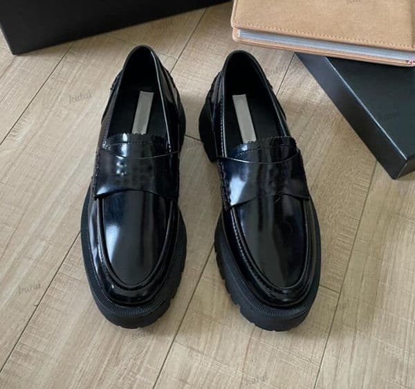 Luxury Party Dress Shoes Chunky Sole Leather Loafers Autumn Women Casual Shoe Black leather Upper Mules