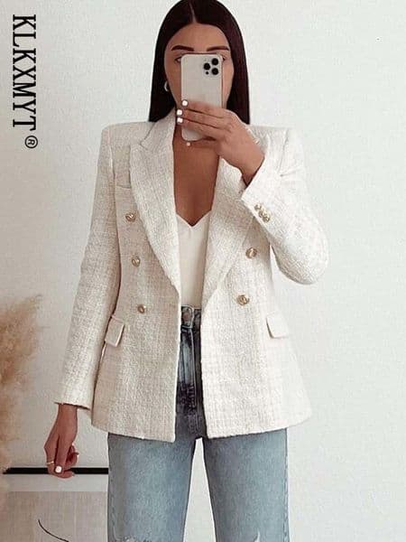 Women's Suits Blazers Klkxmyt Women Jacket Spring Traf Fashion Double Breasted Tweed Blazer Coat Vintage Long Sleeve Female Outerwear Chic Top 230912