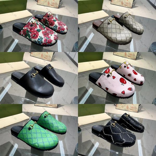 Designer Sandals Women Mules Metal Buckle Slide Bloom Slipper Printing Leather Sandals Rubber Mule Closed Toe Slides Luxury Platform Shoe