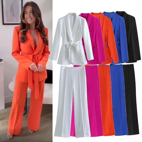 Women s Two Piece Pants TRAF Set 2023 Spring Fashion Slim Belt Women Suit Chic High Waist Wide Leg Blazers Sets Party Holiday 2 Piece 230915