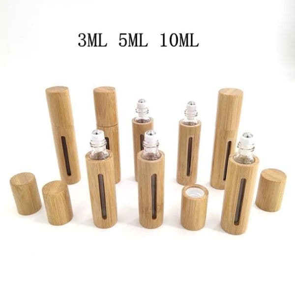 wholesale Natural Bamboo Glass Essential Oil Bottle Refillable Empty Essential Oil Perfume Fragrance Scent Steel Roller Ball Bottles LL