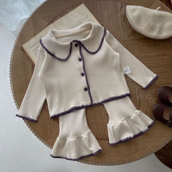 Clothing Sets 7 7 Baby Set 2023 Autumn Infant Shell Knitted Split Suit Contrast Cardigan Bell Bottoms Casual Girl s Two piece 230915