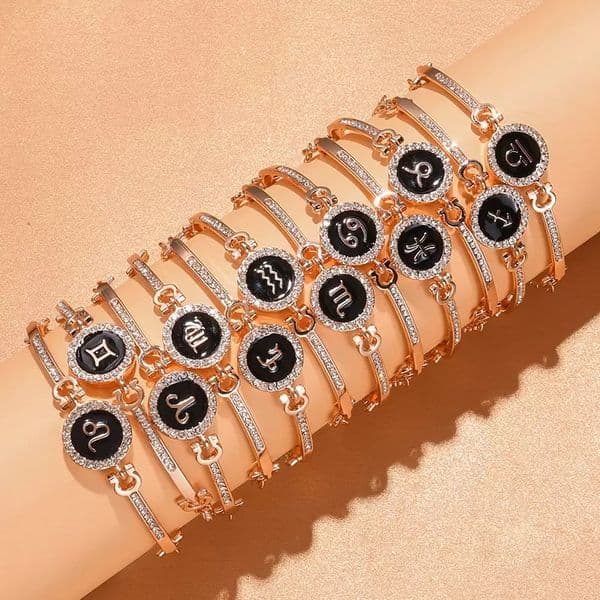 Elegant 12 Horoscope Bracelet Bangle for Women Star Sign Bracelet 18K Gold Plated Crystal Constellation Bracelets Zodiac Bangle /Aries /Sagittarius/ virgo/ Jewelry