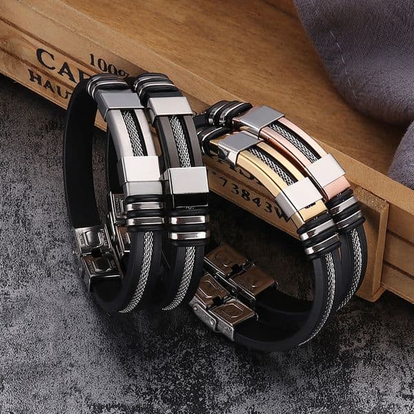 Fashion Punk Style Black Silicone Stainless Steel Charm Bracelets for Men and Women