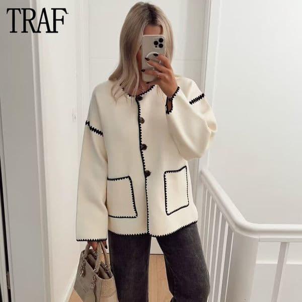 Women's Jackets TRAF White Tweed Jacket Women Contrast Coats Long Sleeve Casual Jackets for Women Autumn Streetwear Basic Jacket Woman 230919