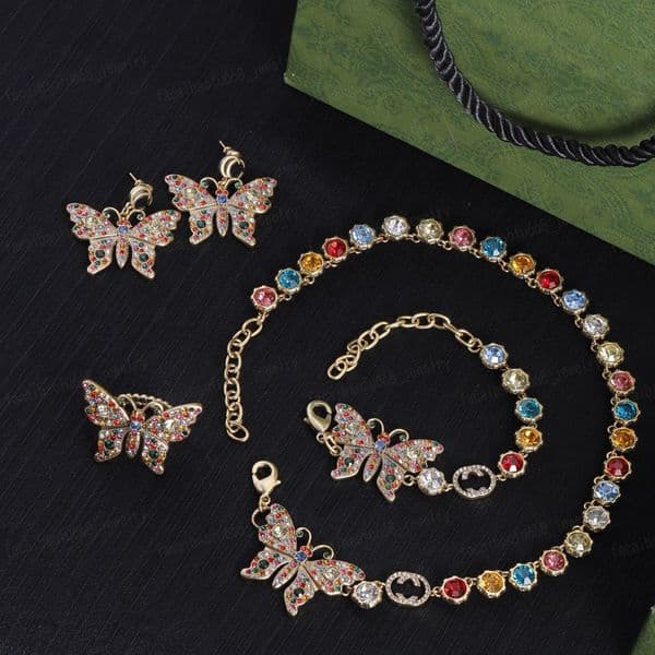 Designer earrings, necklaces, bracelets, rings, brass material Embed colorful zircon and crystal double Alphabet Butterfly classic elements, fashion jewelry set