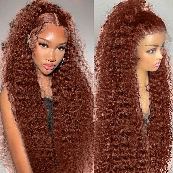 40 Inch Brazilian Glueless Reddish woman Brown Deep Wave 250 Density Copper Red Curly Simulation Human Hair 13X4 HD Lace Frontal Wig Curly