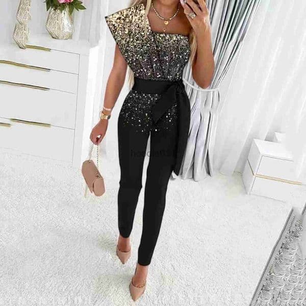 Women's Jumpsuits Rompers Fashion Sequins Patchwork Short Sleeve Slim Bodycon Outfits Jumpsuit Women Lady Elegant Sexy One Piece Party Overalls L230926