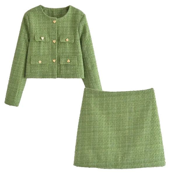 Two Piece Dress Women's Fashionable Charm Love Button Decoration Woolen Pocket Jacket Vintage Long Sleeve TopHalf Skirt Set 230927