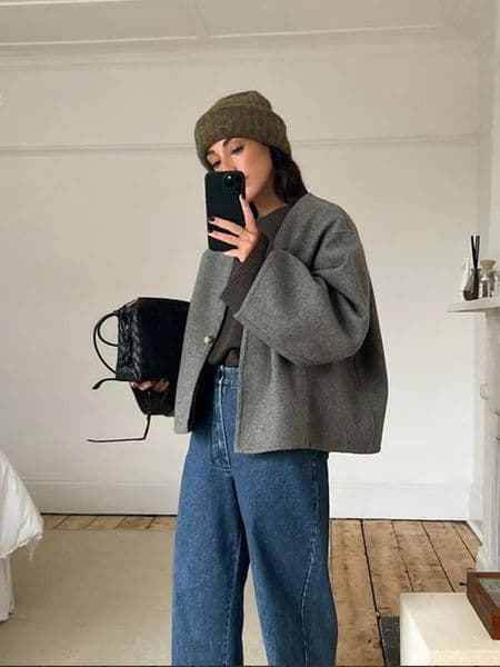 Women's Jacket's Coat Grey Elegant Button Long Sleeve Female Coats Autumn Winter Fashion V-neck Loose Ladies Short Jackets 230927