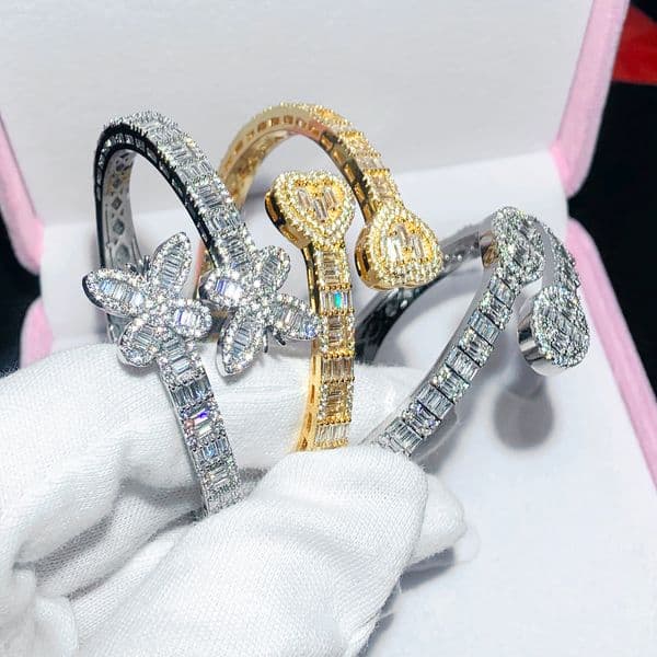 Iced Out Bling Baguette CZ Butterfly Heart Brelet Zircon Oval Charm Opened Bangle For Men Women Hiphop Luxury Jewelry Z260413