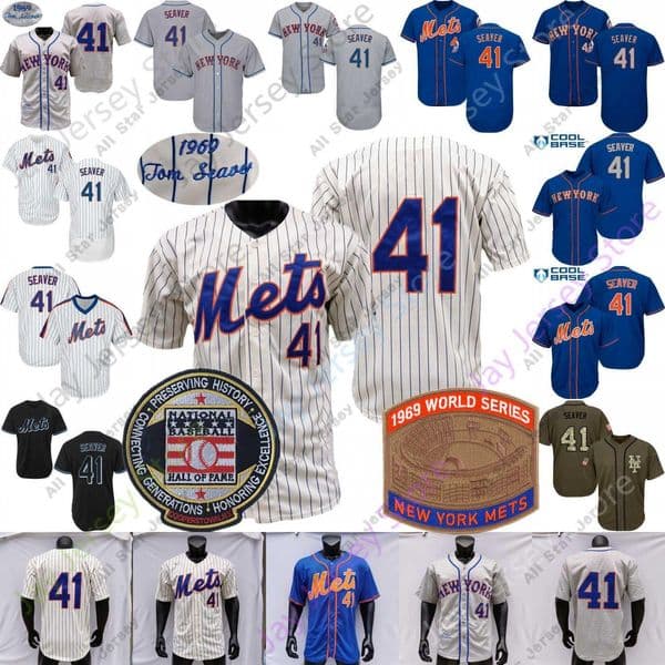 CUSTOM Baseball Jerseys Tom Seaver Jersey Vintage Hall Of Fame 1969 WS Patch Home Away White Cream Pinstripe Blue Green Grey Black Pullover
