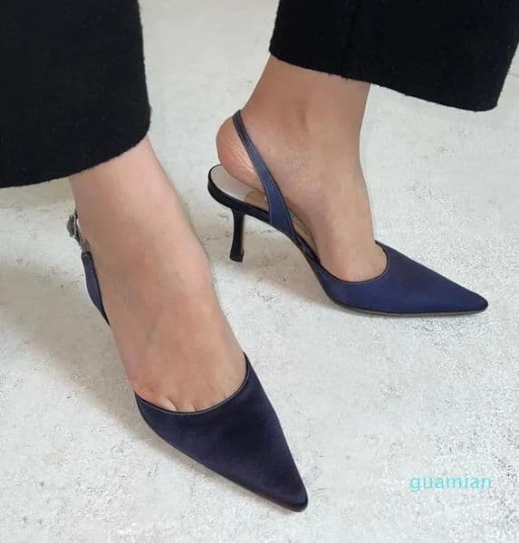 Luxury women dress shoes sandal party wedding Manolos Carolyne suede leather Slingback sandals mid heel sexy high heeled 3542