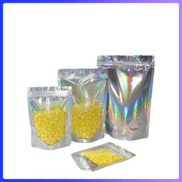 packaging bag Holographic Resealable Mylar Bags Stand Up Smell Proof Bags Clear Front With Aluminum Foil Back Food Storage plastic