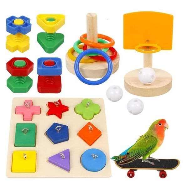 Other Bird Supplies 5 Pcs Parrot Training Toys Set Include Wooden Block Puzzle Basketball Stacking Rings Skateboard Nuts and Bolts 230130