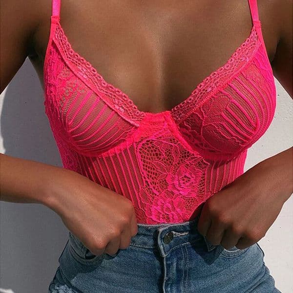Women's Jumpsuits Rompers Summer High Street Sexy Neon Pink Lace Bodysuit Women Floral Embroidery Sheer Bodycon Overalls Female Slim Party Outfit 230131Y
