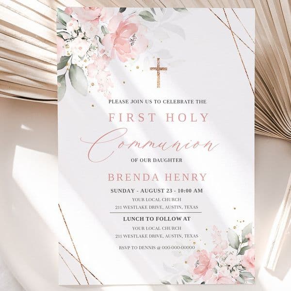 Greeting Cards Personalise Pink First Holy Communion Invitation Card Pink Watercolor Communion Invite Customed First Communion Invitation Gi 230731