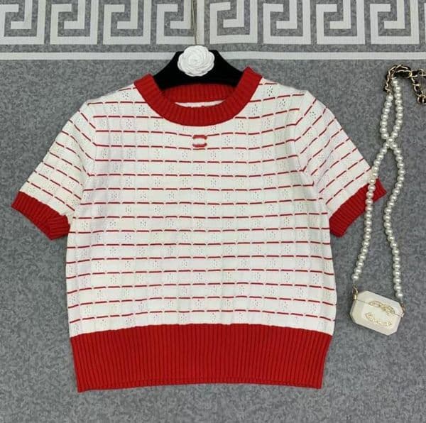 high Quality Designer Women's Double C embroidery Sweaters Tee Fashion Crew Neck hollow out Contrast Knit Short Sleeve Top