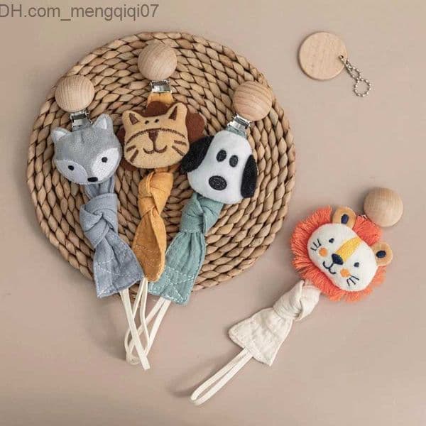 2026 New Pacifier Holders Clips# 1 Cotton Cartoon Animal Virtual Chain Teeth Wooden Pacifier Clip Baby Chewing Toy Designer
