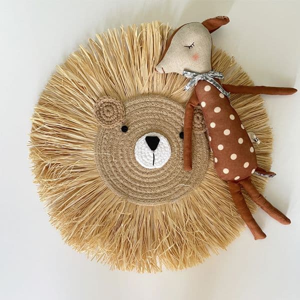 Decorative Objects Figurines Animal Wall Hanging Decor Baby Room Straw Hand-Woven Lion Ornaments Nordic Home Decor for Bedroom Children Room Decoration 230803