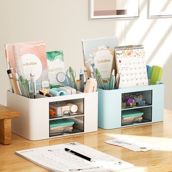 Pencil Cases Simple Solid Color Pen Holder With 2 Drawer Large Capacity Multifunction Stationery Storage Box Student Office Desktop Organizer 230804