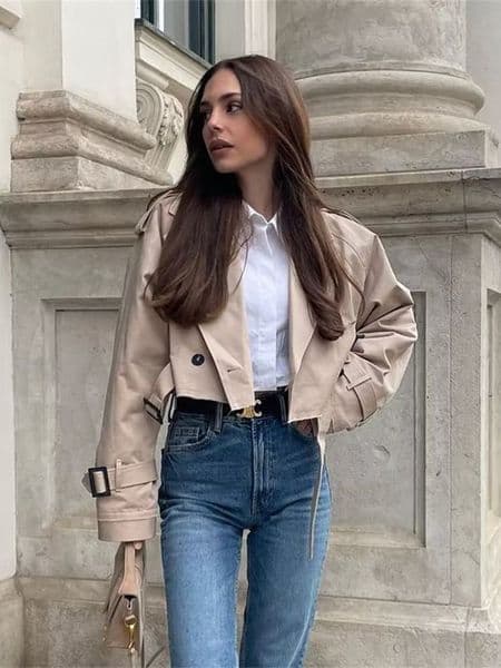 Womens Jackets Ladies Short Oversized Cropped Trench Coat Women Jacket Lapel Collar Long Sleeve Outerwear Chic Loose Tops Female 230808