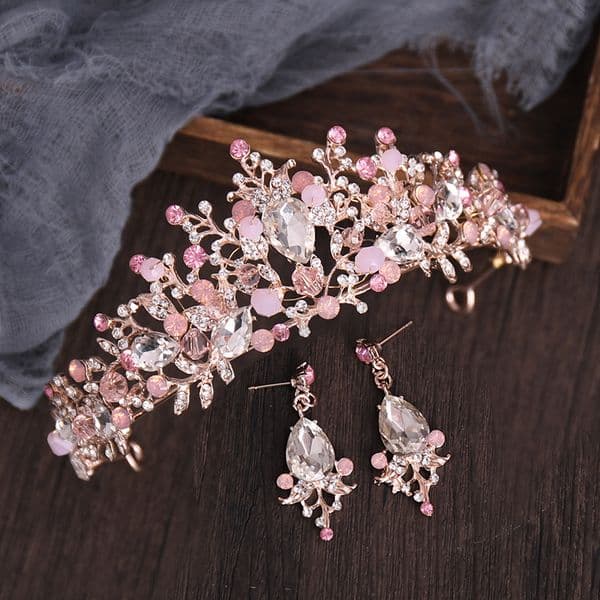 Wedding Hair Jewelry Rose Gold Silver Color Pink Crystal Bridal Tiara And Crown Handmade Queen Princess Diadem With Earring Women Wedding Accessories 230808