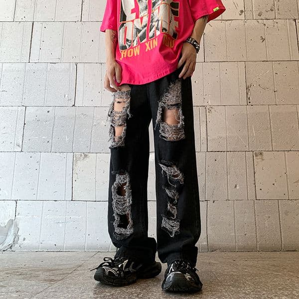 Mens Jeans Fashion Ruffian Handsome Ripped High Street Summer Loose Casual Wide Leg Beggar Pants Male Clothes 230809