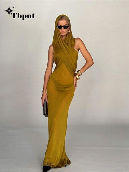 Urban Sexy Dresses Fashion Cross Hooded Dress Women Sleeveless Backless Skinny Long Dresses Summer Elegant Party Club Solid Bodycon Vestidos 230808
