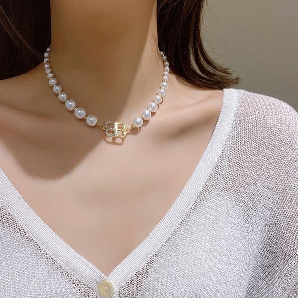 New Glass Pearl String Double Letter BB Choker Necklace Jewelry for Gift