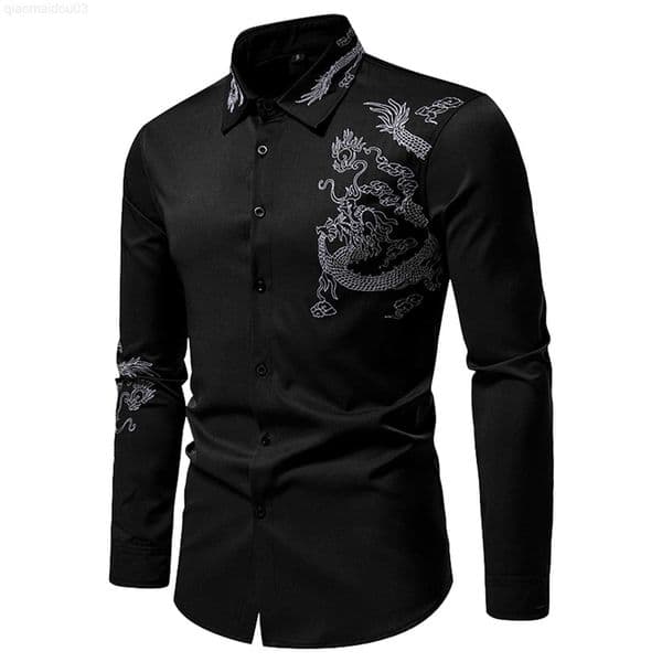 Mens Casual Shirts Dragon Embroidery Black Shirt Men Autumn Winter Single Breasted Long Sleeve Slim Fit Button Retro Social Dress Shirt Streetwear L230813 Z260529