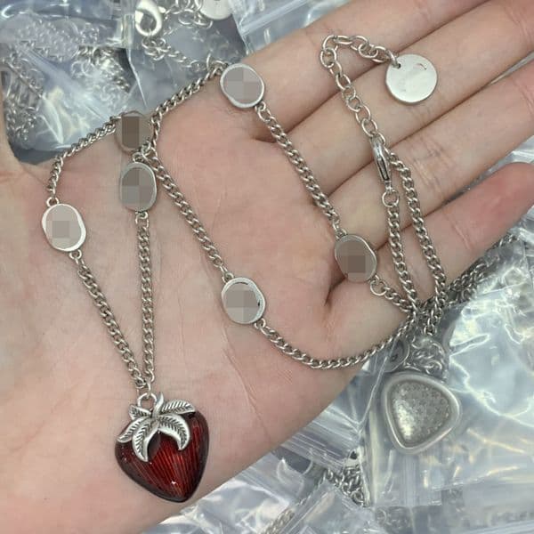 Cute Strawberry Pendant Silver Necklaces Designer Double Letter Chain Necklace Women Girls Clavicle Choker Statement Necklaces Jewelry Sweater Chain CGN2 --05