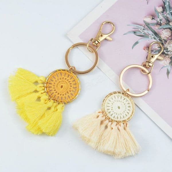 Cotton Thread Wrapped Round Alloy Tassel Keychain for Women Boho Key Holder Keyring Macrame Bag Charm Car Hanging Jewelry