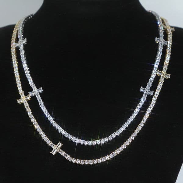 New Designer 3MM Tennis Chain with Cross Charm Choker Necklace Hip Hop Women Men Full Paved Pink Blue 5A Cubic Zirconia Party Gift Jewelry