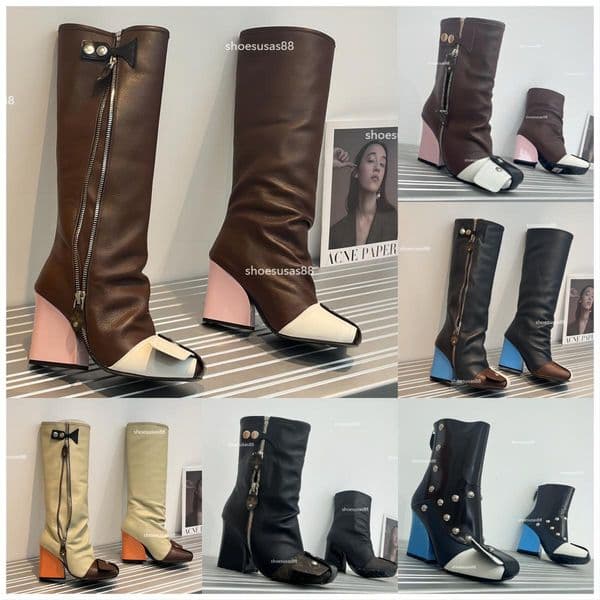 Patti Wedge Half Boot Designer Women Grained Goat Leather Canvas Boot Bicycle Platform Shoes Double Zip Chain Buckle Luxury Wedge Heel Shoe