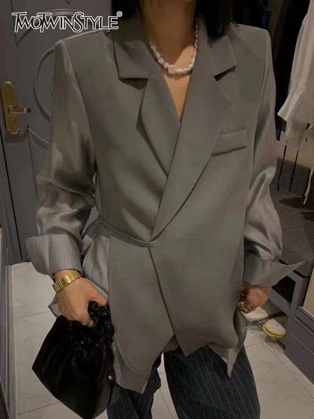 Womens Suits Blazers TWOTWINSTYLE Spring Fashion Solid Blazer For Women Notched Collar Long Sleeve Lace Up Loose Blazers Female Clothing Style 230815