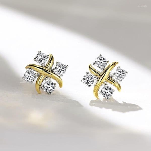 Stud Earrings Top Quality X Symbol Style With Flying Saucer Buckle Gold Silver Color 4 Zirconia For Women