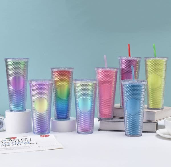 The latest 25.4oz gradient color double -layer plastic straw coffee mug Cup, many style choices, support customization of any logo