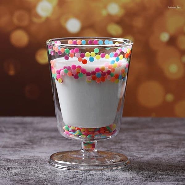 Wine Glasses 1 Piece 250ml 8oz Cute Lovely Double Wall Glass Goblet Cup Chic Short Stemmed With Pre Filled In Heart Star Glitters