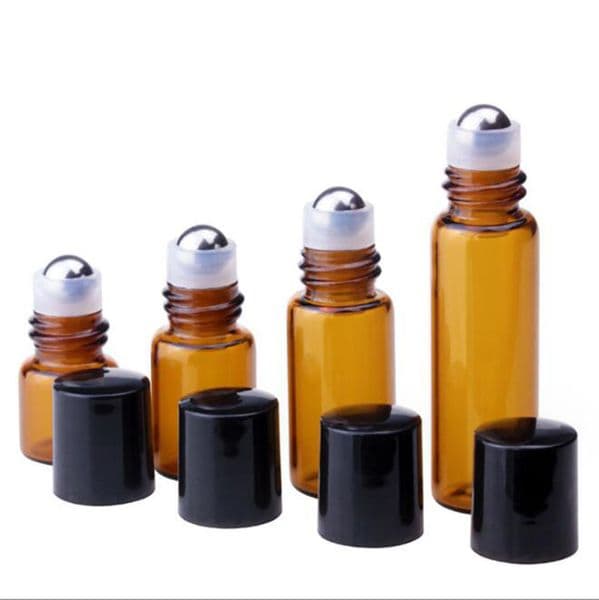 wholesale 1ml 2ml 3ml 5ml 10ml Amber Glass Roll On Empty Essential Oil Perfume Rollon Tube Metal Roller Ball Bottle gold Lid Travel Portable