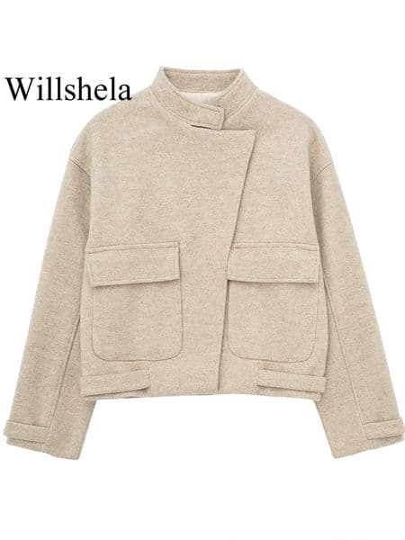 Women's Wool Blends Willshela Women Fashion With Pockets Khaki Woolen Coat Vintage O-Neck Long Sleeves Female Chic Lady Outwear 230827