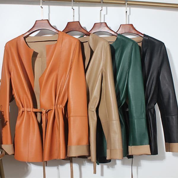 Womens Leather Faux European Fashion Women Clothing Female Real Jacket Mujer Draw Back Round Neck Pleated Belt Caramel Coat Veste Femme 230828